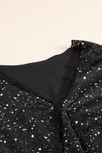 Long Sleeve Sequin Dress with V-Neck and Wrap Waist