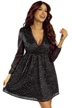Long Sleeve Sequin Dress with V-Neck and Wrap Waist