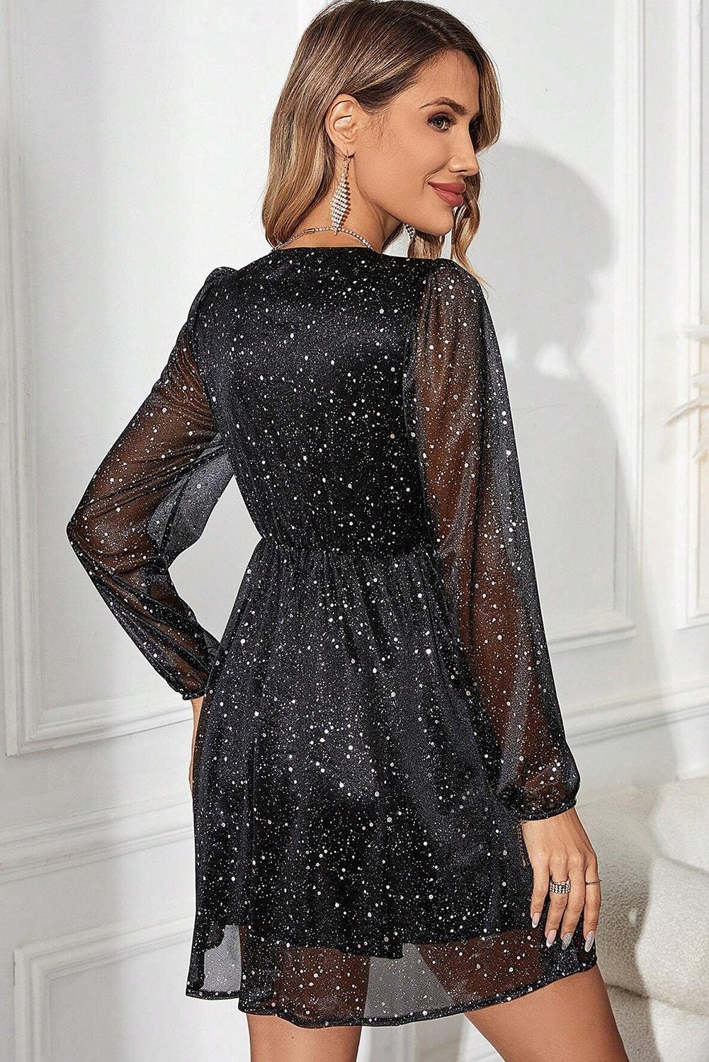 Long Sleeve Sequin Dress with V-Neck and Wrap Waist