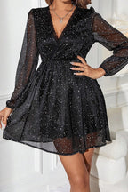 Long Sleeve Sequin Dress with V-Neck and Wrap Waist