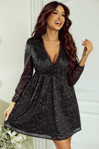 Long Sleeve Sequin Dress with V-Neck and Wrap Waist