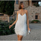 Mini Sequin Dress with Feather Hem and V-Neck