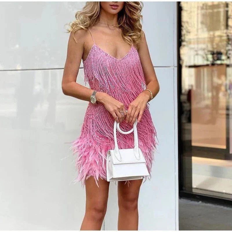 Mini Sequin Dress with Feather Hem and V-Neck