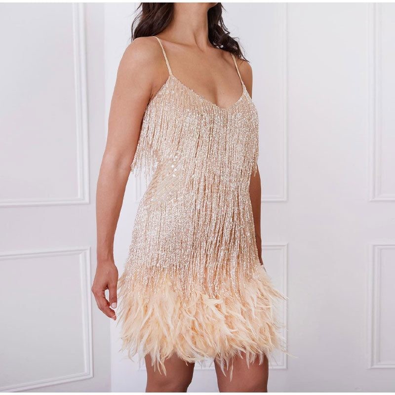 Mini Sequin Dress with Feather Hem and V-Neck