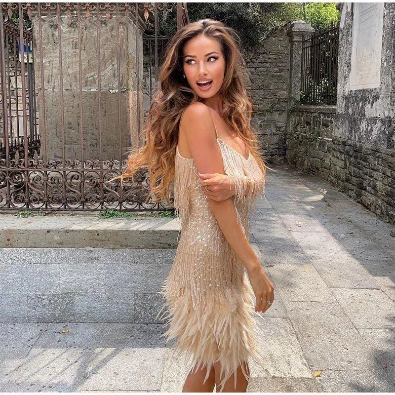 Mini Sequin Dress with Feather Hem and V-Neck