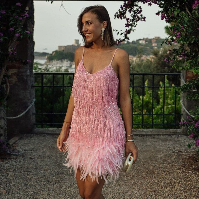 Mini Sequin Dress with Feather Hem and V-Neck