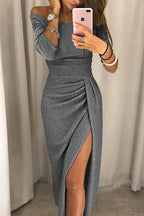 Off-Shoulder Draped Midi Cocktail Dress with Slit