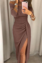 Off-Shoulder Draped Midi Cocktail Dress with Slit