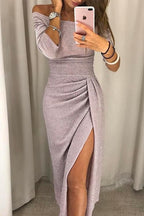 Off-Shoulder Draped Midi Cocktail Dress with Slit