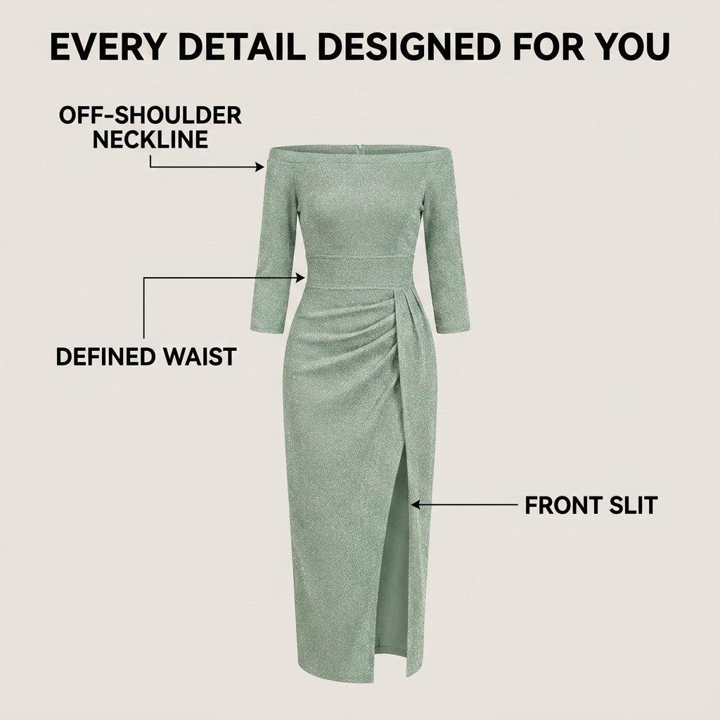 Off-Shoulder Draped Midi Cocktail Dress with Slit