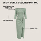 Off-Shoulder Draped Midi Cocktail Dress with Slit