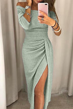 Off-Shoulder Draped Midi Cocktail Dress with Slit