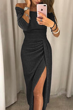 Off-Shoulder Draped Midi Cocktail Dress with Slit