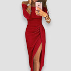 Off-Shoulder Draped Midi Cocktail Dress with Slit