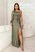 One Shoulder Maxi Christmas Party Dress with Slit