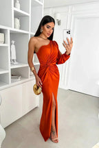 One Shoulder Maxi Christmas Party Dress with Slit