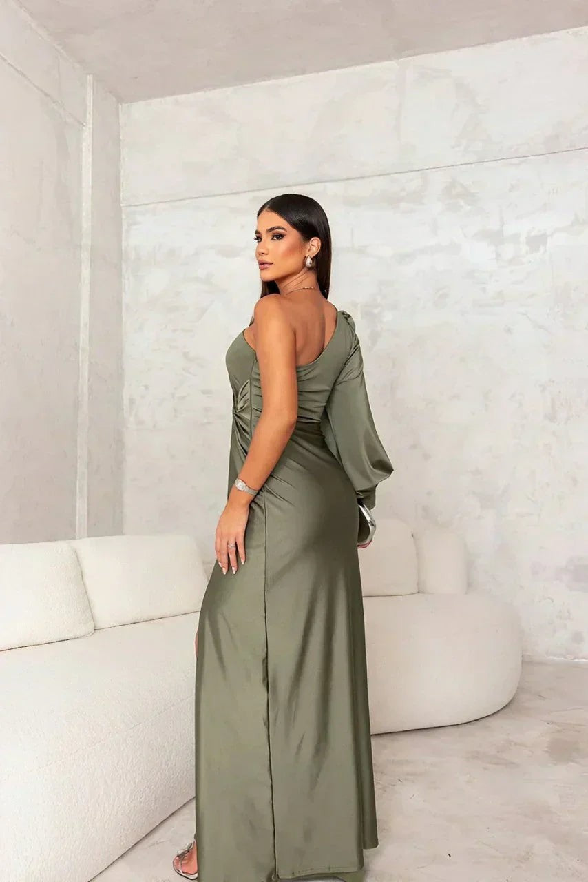 One Shoulder Maxi Christmas Party Dress with Slit