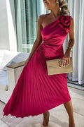 One-Shoulder Pleated Midi Wedding Guest Dress