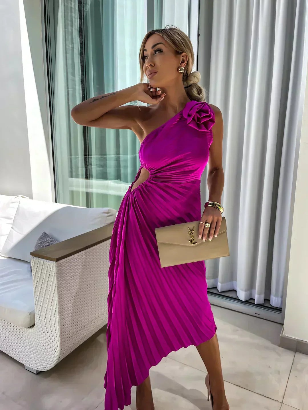 One-Shoulder Pleated Midi Wedding Guest Dress