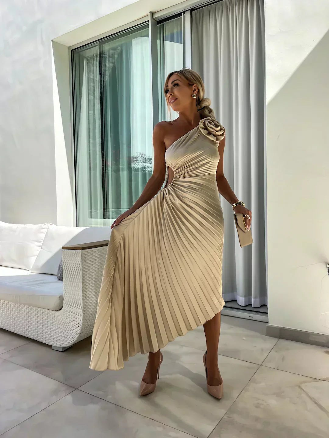 One-Shoulder Pleated Midi Wedding Guest Dress