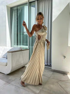 One-Shoulder Pleated Midi Wedding Guest Dress