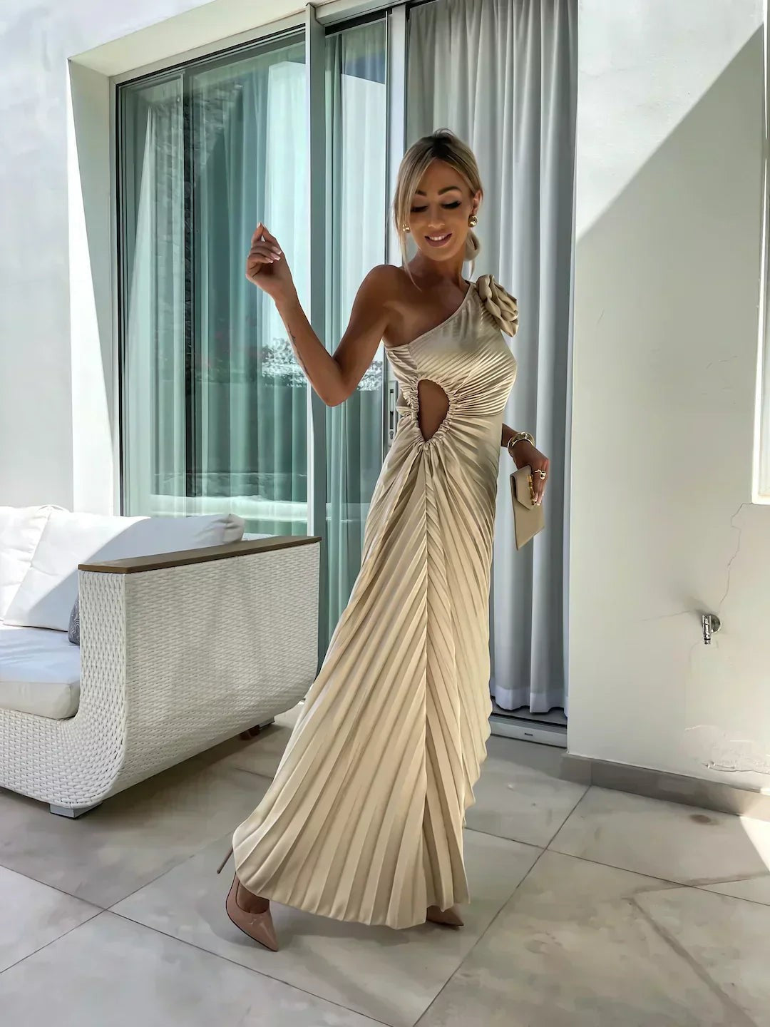 One-Shoulder Pleated Midi Wedding Guest Dress