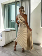 One-Shoulder Pleated Midi Wedding Guest Dress