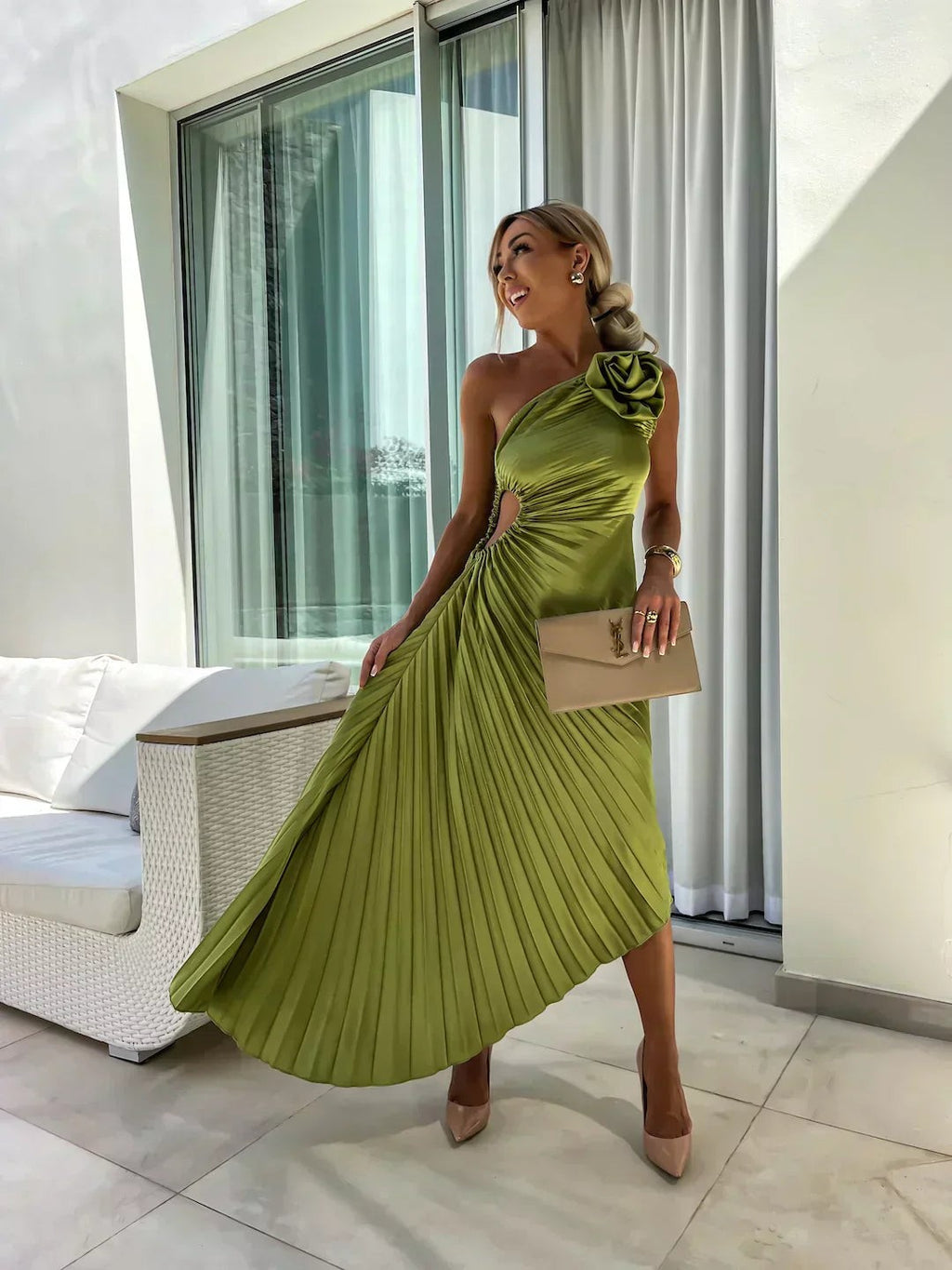 One-Shoulder Pleated Midi Wedding Guest Dress