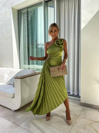 One-Shoulder Pleated Midi Wedding Guest Dress