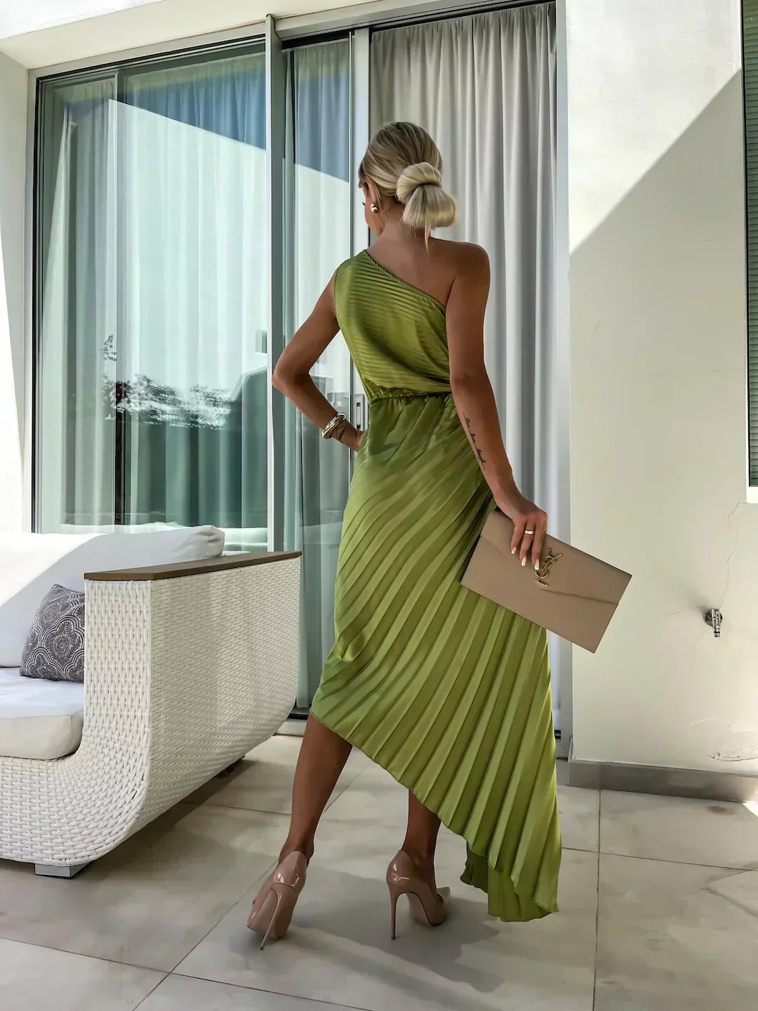 One-Shoulder Pleated Midi Wedding Guest Dress