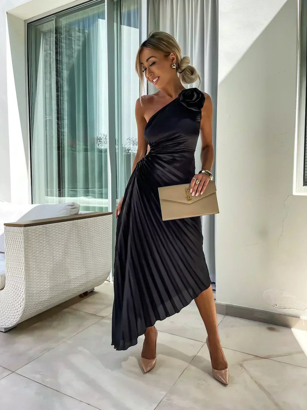 One-Shoulder Pleated Midi Wedding Guest Dress