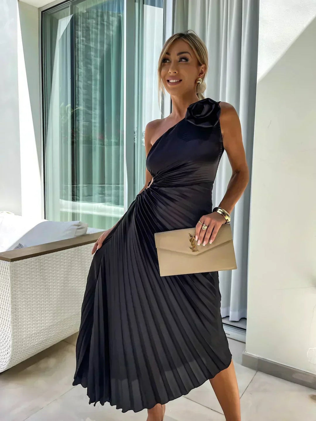 One-Shoulder Pleated Midi Wedding Guest Dress