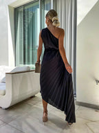 One-Shoulder Pleated Midi Wedding Guest Dress