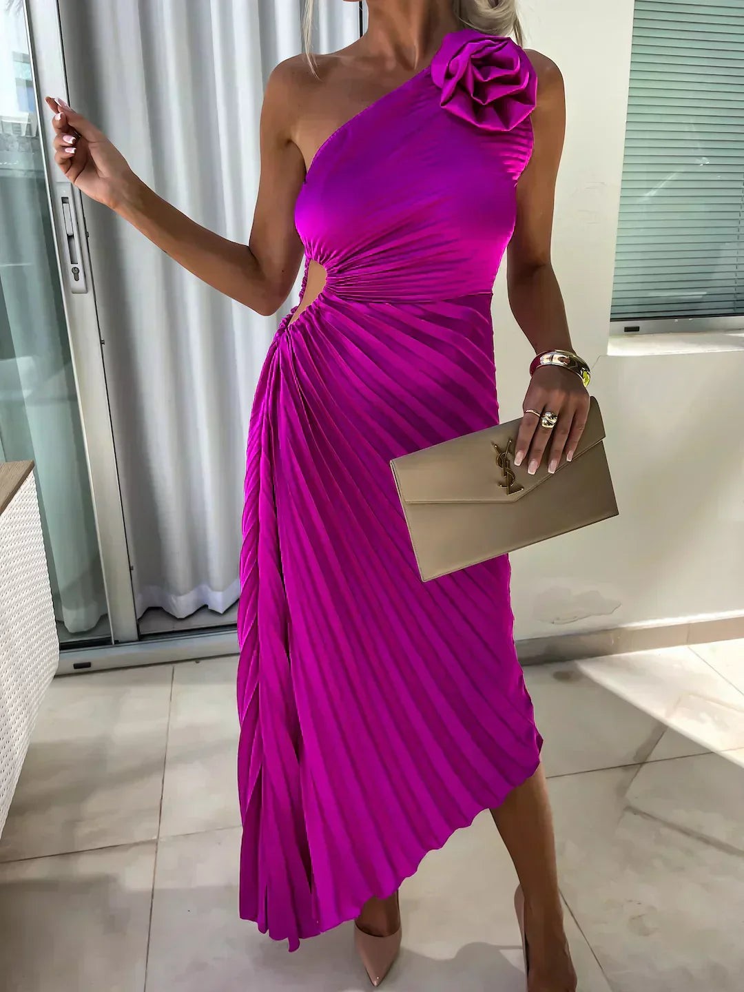One-Shoulder Pleated Midi Wedding Guest Dress