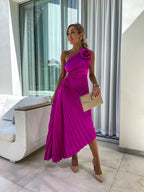 One-Shoulder Pleated Midi Wedding Guest Dress