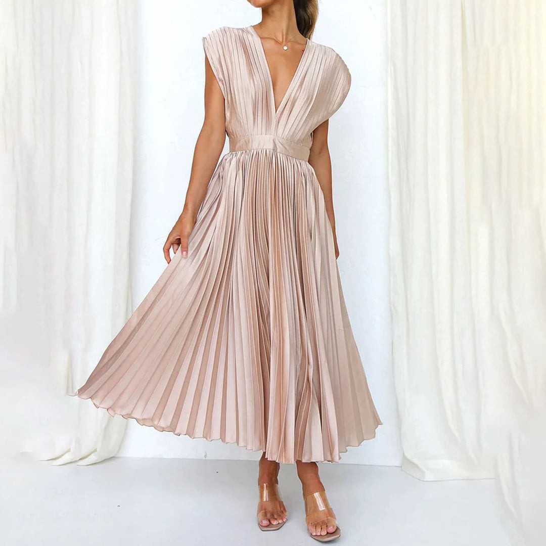 Pleated Midi Wedding Guest Dress with V-Neck