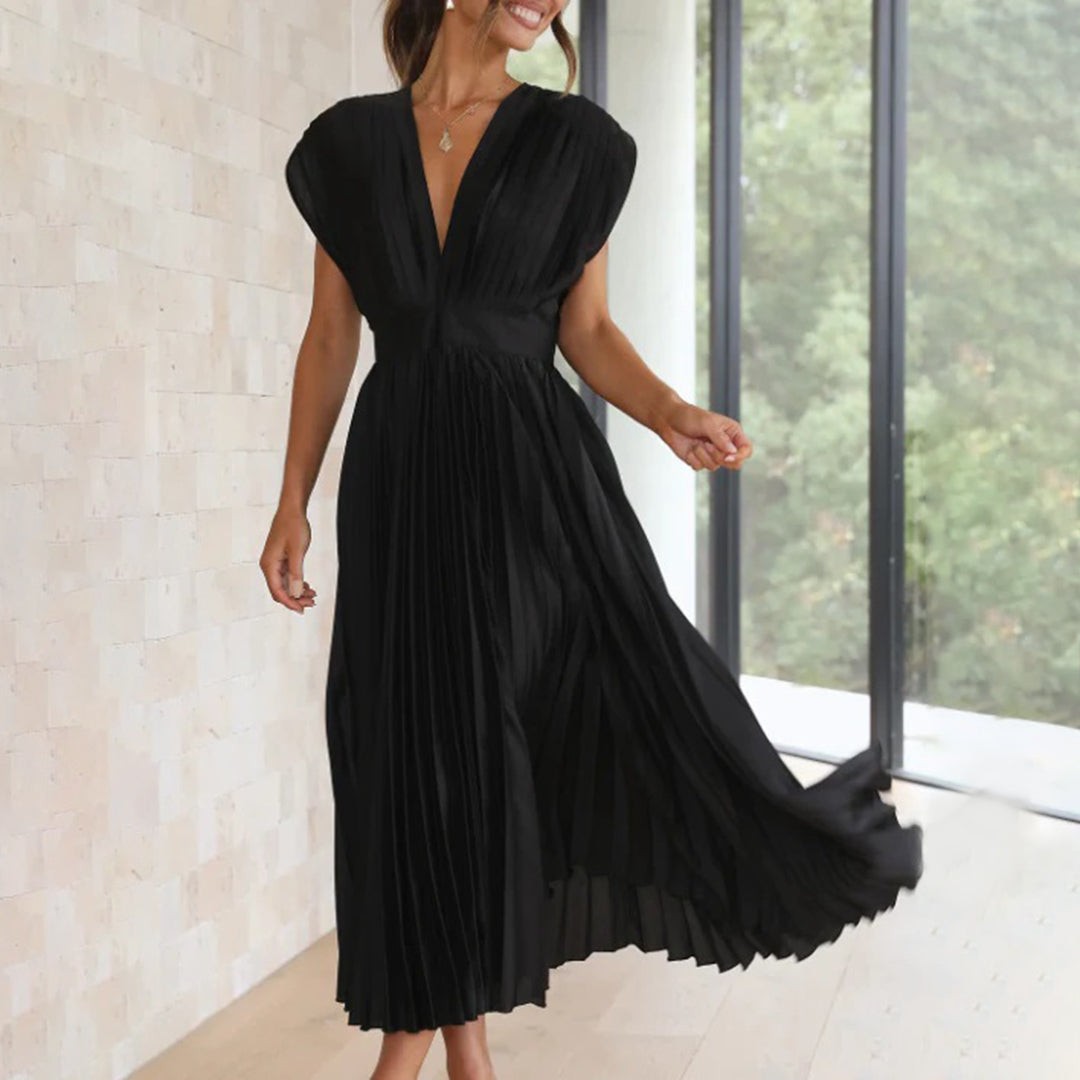 Pleated Midi Wedding Guest Dress with V-Neck