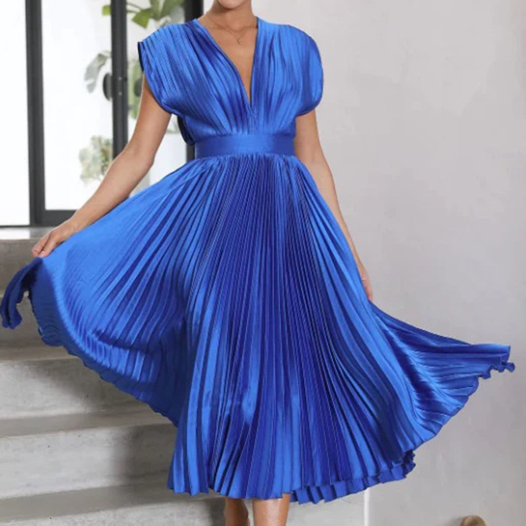 Pleated Midi Wedding Guest Dress with V-Neck