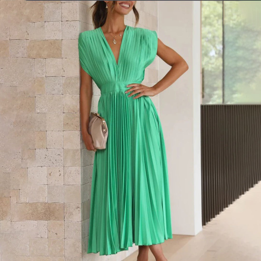 Pleated Midi Wedding Guest Dress with V-Neck