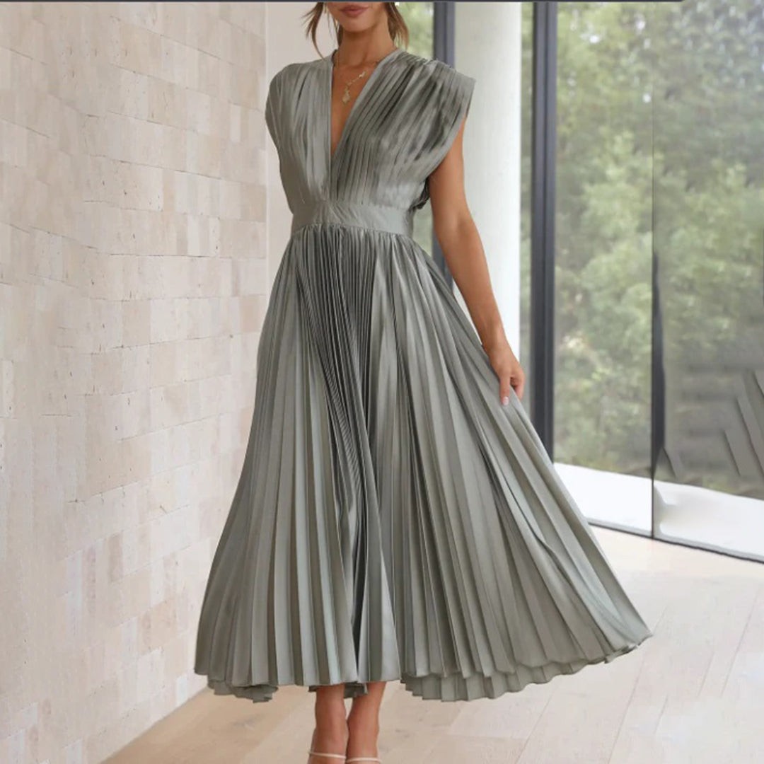 Pleated Midi Wedding Guest Dress with V-Neck