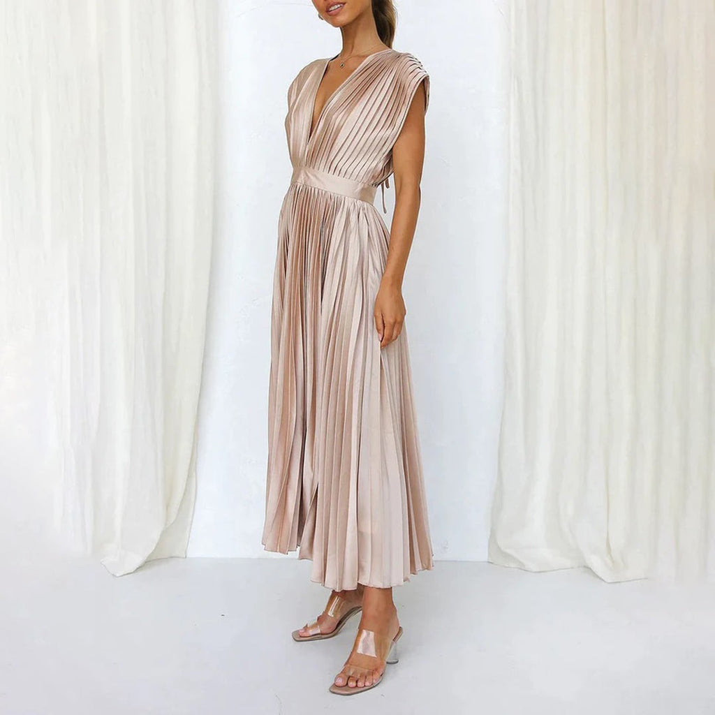 Pleated Midi Wedding Guest Dress with V-Neck