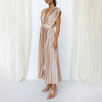 Pleated Midi Wedding Guest Dress with V-Neck