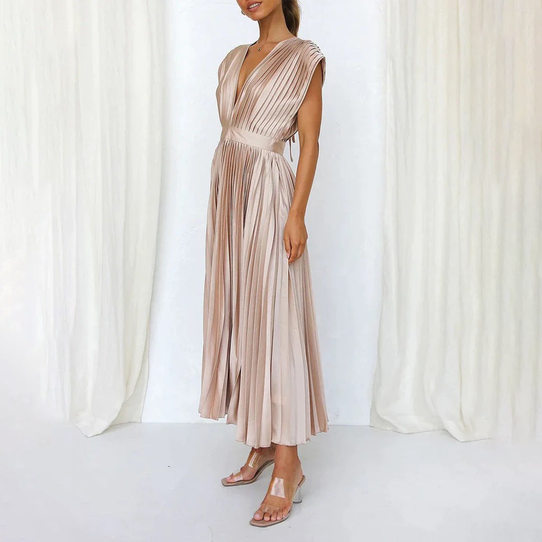 Pleated Midi Wedding Guest Dress with V-Neck