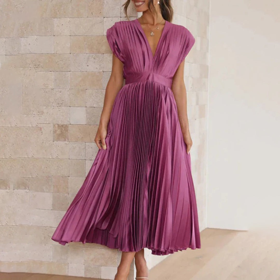 Pleated Midi Wedding Guest Dress with V-Neck