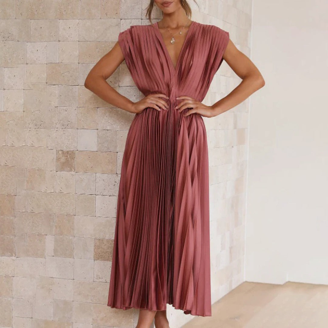 Pleated Midi Wedding Guest Dress with V-Neck