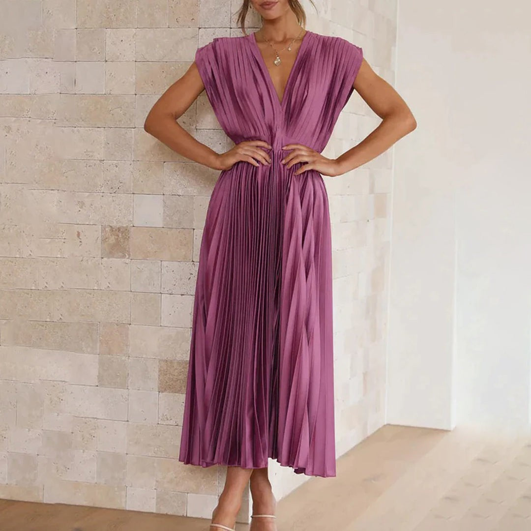 Pleated Midi Wedding Guest Dress with V-Neck