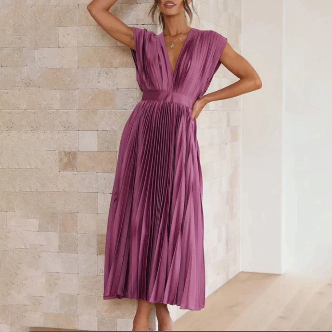 Pleated Midi Wedding Guest Dress with V-Neck