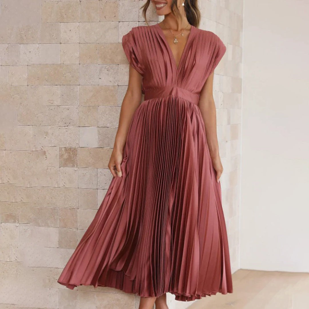 Pleated Midi Wedding Guest Dress with V-Neck