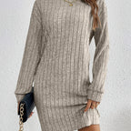 Ribbed Turtleneck Mini Jumper Dress with Long Sleeves