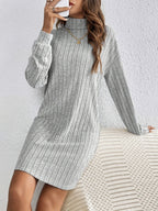 Ribbed Turtleneck Mini Jumper Dress with Long Sleeves
